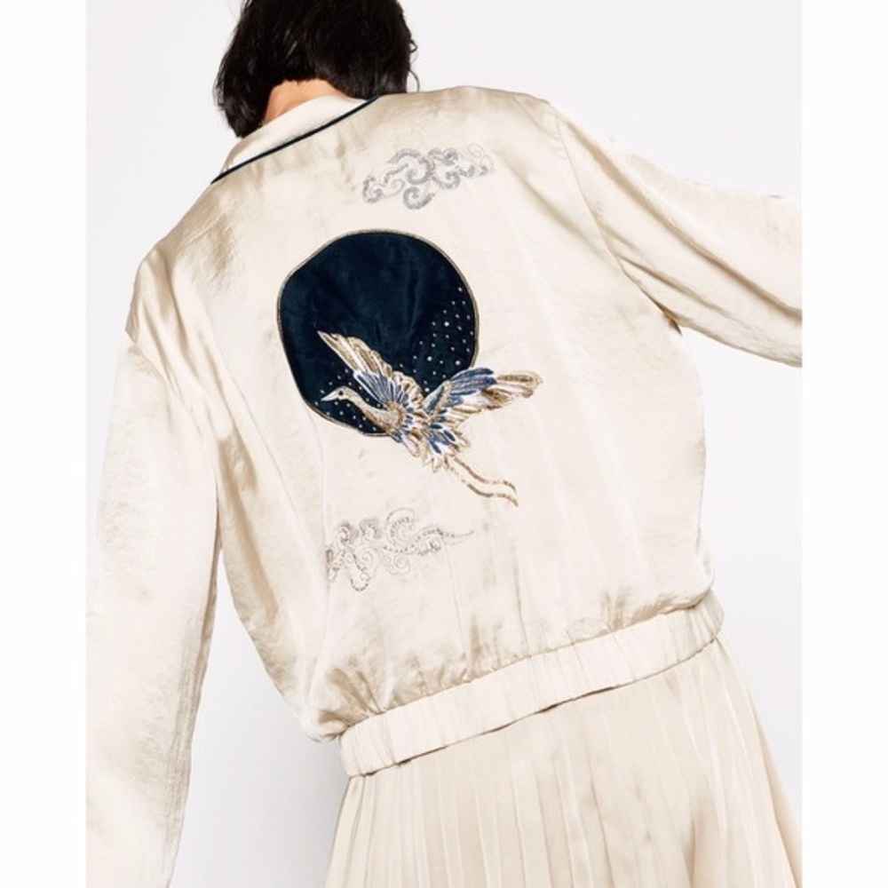 Zara Cream Embroidered Bomber Jacket with Navy Accent